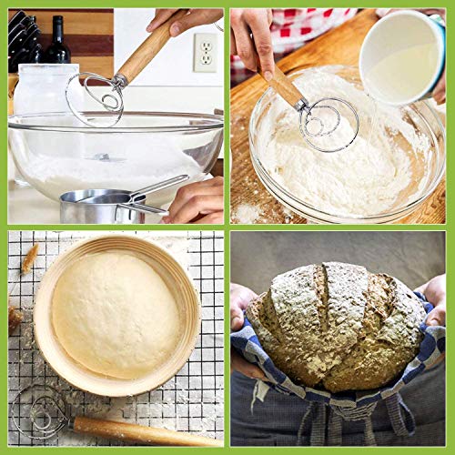 Aebor 3PCS Danish Dough Whisks with a Dough Scraper and a Stainless Steel Dough Pastry Scraper,Wooden Handle Stainless Steel Manual Dough Mixer for Pizza Dough,Bread, Biscuits and Pastry.