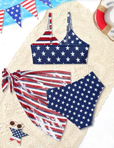 Image of Girls Swimsuit, Bathing Suits 3 Piece Tropical Floral Twist Cross Bikini Sets Girls' Swimwear with Cover Up Skirt 7-16T