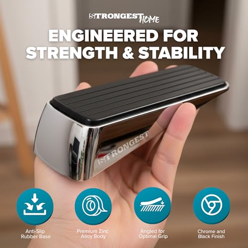 Image of STRONGEST HOME Door Stoppers for Bottom of Door - Heavy Duty Metal Rubber Stopper, Non-Slip Door Stop for Heavy Doors, Works on Wood, Tile & Carpet Floors, Wedge Chrome 2 PCs + 2 White Wall Protectors