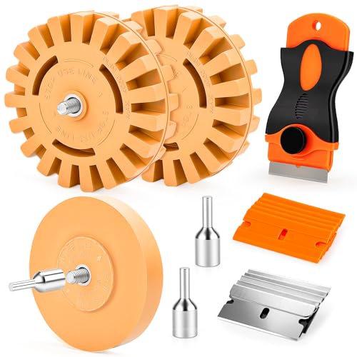 OrbitShell Eraser Wheel Decal Remover Tool Kit 3 Upgraded Rubber Wheels with Razor Blade Scrapers & Drill Adapters Removing Adhesive Stickers Vinyl Pinstripes Emblem Label Glue for Car Truck RV
