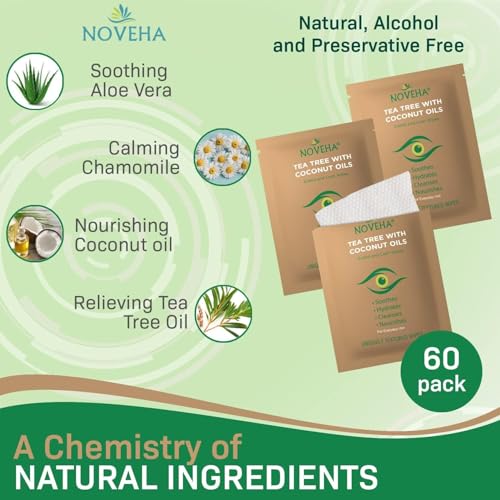 Image of NOVEHA 360PCs Tea Tree & Coconut Oil Eyelid & Lash Wipes | For Demodex, Blepharitis & Itchy Eyes, Box Of 60 Individually Wrapped Eyelash Wipes With Aloe Vera, Natural Makeup Remover