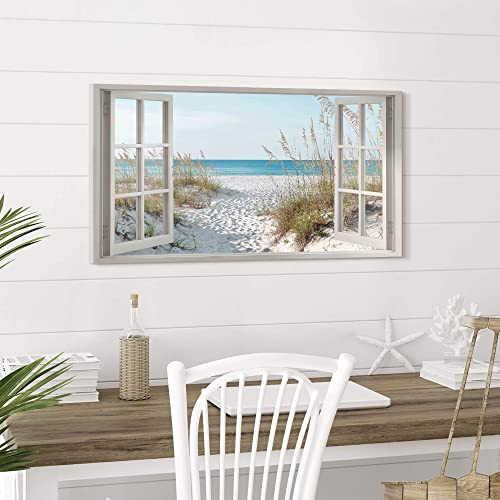 Beach Window Wall Art Canvas: Relaxing Bedroom Living Room Blue Ocean Coastal Scene Picture Modern Tropical Sea Landscape Painting Print Decor Horizontal Summer Seascape Artwork for Home - Image 2