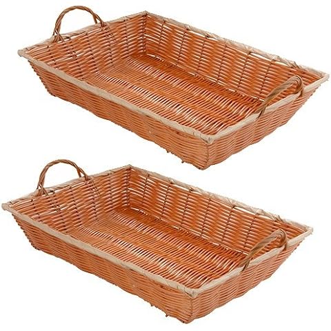 W & P Trading Co. Set of 2-15.75-Inch Commercial Grade Durable Plastic Woven Food Serving Storage Basket Baskets, Oblang Shape, w/Serving Handles Cover