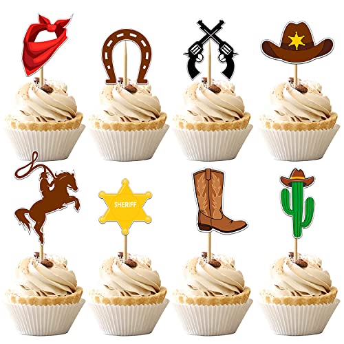 32 Pcs Cowboy Cupcake Toppers - Cowboy & Cowgirl Birthday Party Decorations for Kids - Horse, Cactus, Hat, Boot Cake Toppers - Baby Shower Supplies