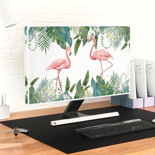 Image of Tropical Flamingo Waterproof Screen TV Cover 37,38,39 Inch Palm Leaves Weatherproof Dust-Proof Anti-Scratch Protective Television Cover for Desktop and Home Hanging TV,Green and Pink