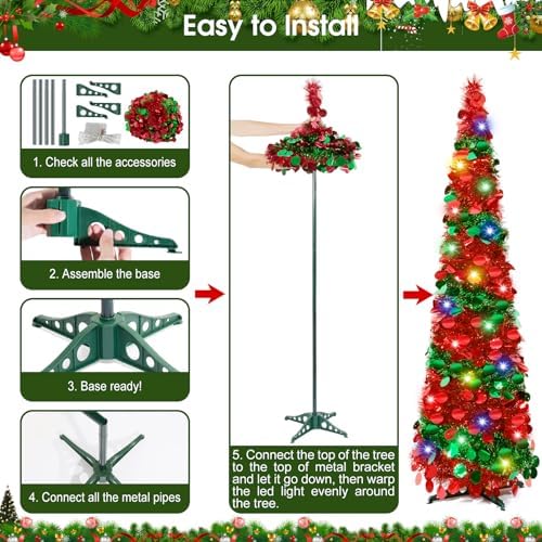 5FT Christmas Tinsel Tree Pencil Tree Red Green, Pop Up Tree with 50LED Lights, Skinny Christmas