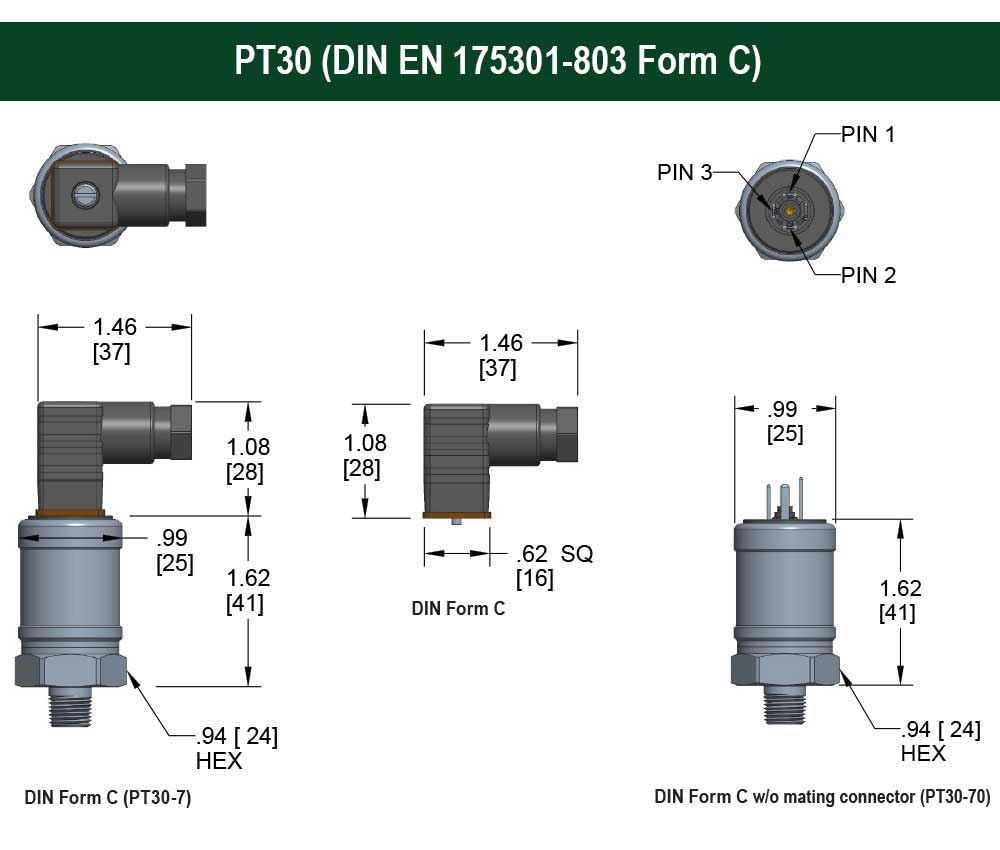 High Performance Fixed Range Pressure Transmitter, 0 to 1000 psi gauge, ±0.25% of Span, 0 Vdc to 10 Vdc, 3-wire, 1/4 NPT male, DIN form C