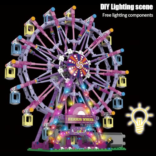 NEWRICE Della ruota panoramica rotante con luci Kit di costruzione, parco divertimenti costruzione blocchi di costruzione giocattoli set per 8+ anno Boys.Girls (Ruota panoramica rosa)