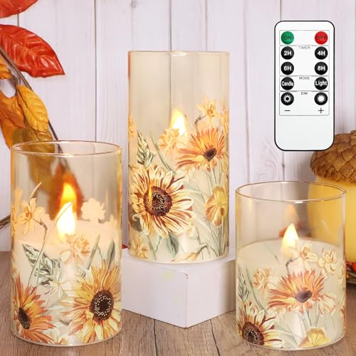 Image of MELTONE Fall Sunflower Flameless Candles with Remote Timer Real Wax Flickering Battery Operated Glass Candles - Home Party Bedroom Birthday Christmas Autumn Decorations