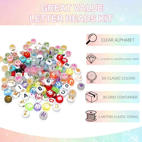 Image of Looconi 1500 Pieces 6 Colors Letter Alphabet Beads and Number Heart Beads Round Flat and Crystal Line for Jewelry Making