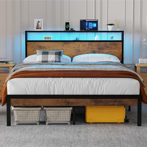 Flolinda Queen Size Bed Frame with Headboard, Queen Metal Platform Bed Frame with LED Lights & Charging Station,w/Solid 11 Bed Legs, No Box Spring Needed, Noise Free, Easy Assembly