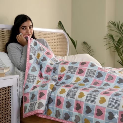 Image of IVAZA Luxury Ultrasonic Punch AC Comforter Blanket - Quilted Microfiber Floral Pattern, Lightweight Breathable All‑Season Blanket for Bedroom, Travel (Singled Bed,228x152 CM) (Pink Blue
