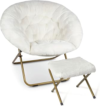 Milliard Cozy Chair/Faux Fur Saucer Chair for Bedroom/X-Large White + Footrest