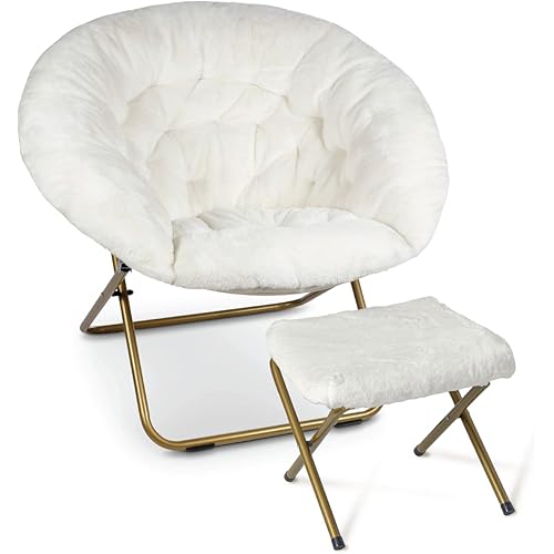 Milliard Cozy Chair/Faux Fur Saucer Chair for Bedroom/X-Large (White + Footrest)