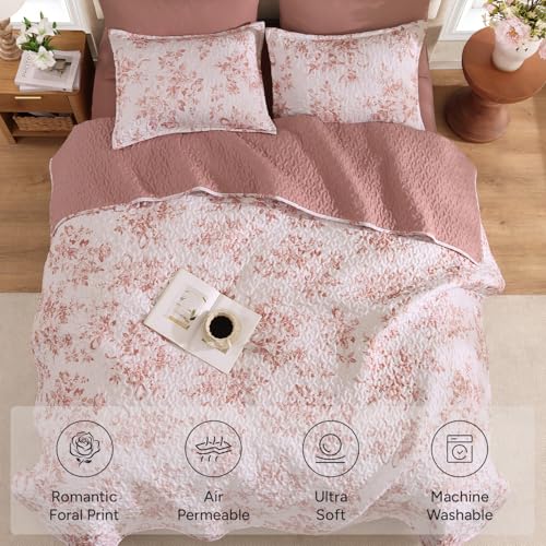 Image of Andency Quilt Queen Size, Pink Flower Bedspread Queen Size, 3 Pieces Soft Bedding Set, Lightweight Coverlet Set for All Season with 2 Pillowcases (96 inchx90 inch)