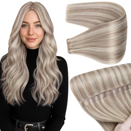 Full Shine Butterfly Weft Hair Extensions Remy Human Hair 24 Inch 100G Ash Blonde Highlight Platinum Blonde Invisible Pu Hole Extensions Adds Volume For Women