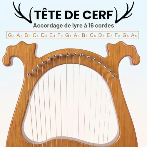 Lyre Harp,AKLOT 16 cordes Harpe lyre Sourire de Cerf Corps en acajou et sillet en cuivre avec clé d'accordage Cordes de rechange Sacoche Mode d'emploi – vue 2