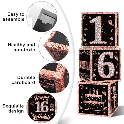 Image of Eiurteao 3pcs 16th Birthday Decorations Boxes for Girls, Rose Gold Happy 16 Birthday Balloons Boxes Party Supplies, Sweet 16 Bday Theme Cardboard Box Decor