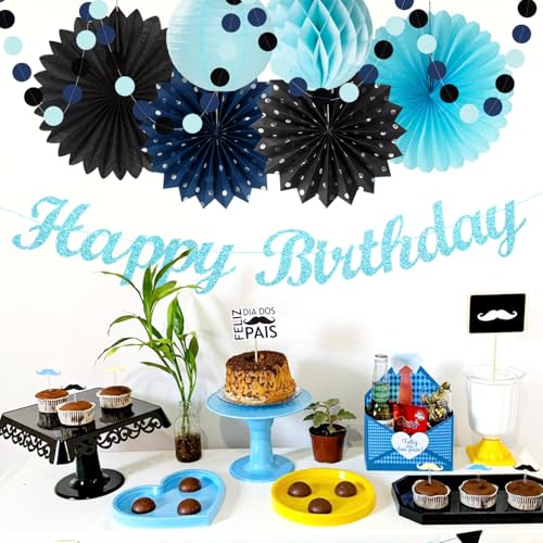 Image of Light-Royal Navy-Blue Black Birthday Party-decorations - 21pcs Boys Men Happy Banner,Paper Streamers Lanterns Honeycomb,Tissue Pom Poms Fan,Adult Supplies Decor 16th 20th 40th 45th 50th 60th Huglony