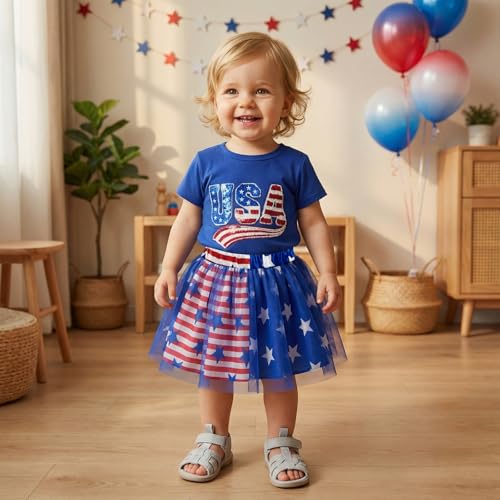 Image of Kayotuas Toddler Baby Girl 4th of July Outfit American Flag Shirt Red Blue Stars Tulle Tutu Skirts Kids Fourth of July Dress
