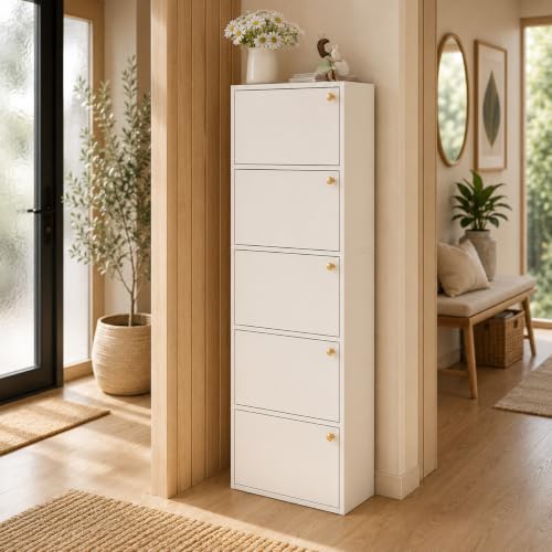 Image of Mevigo-Wooden Shoe Rack with 5-Door - Tall Shoe Cabinet with Doors, 9-Tier Freestanding Shoe Storage Organizer for Entryway, Engineered Wood Shoe Stand Cabinet, Space-Saving Narrow Shoe Rack Wooden