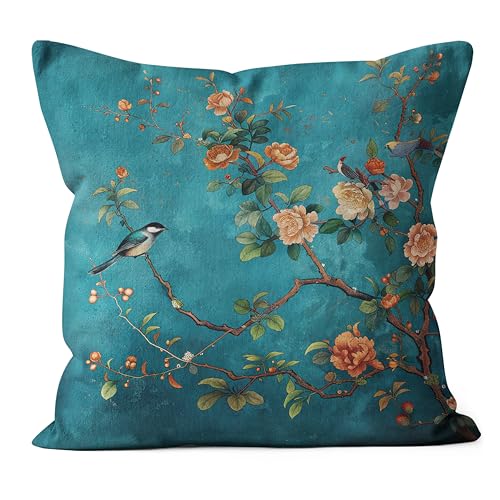 WDSFHYJK Teal Chinoiserie Floral Bird Pillow Covers 18x18 Cottagecore Room Decor Rustic Farmhouse Flower Bird Decorative Throw Pillow Covers Pillowcases for Living Room Home Bedroom