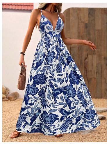 Image of MakeMeChic Women's Boho Maxi Dress Summer Luau Outfits Beach Wedding Guest Backless Sundress Flowy Resort Wear