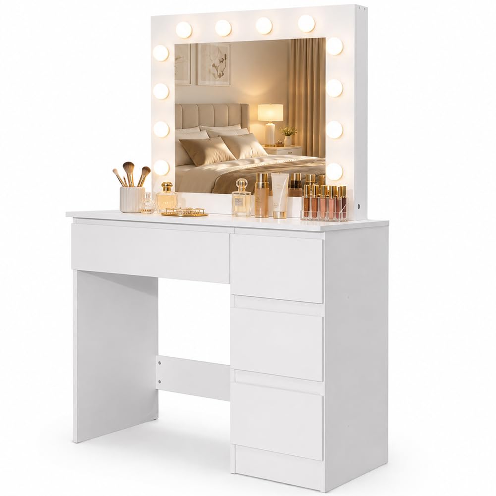 Shally Dogan Toeletta Trucco Bianca con Specchio e 12 Luci LED, 3 Cassetti, Postazione Makeup in Legno Design Minimal, Ideale per Interni, Casa, Camera da Letto, Cameretta 94 x 43 x 140 cm