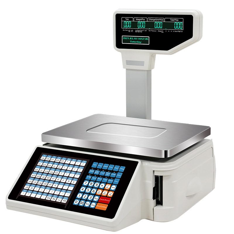 Commercial Digital Price Label Printing Scale with Receipt Printer, 63 Shortcut Keys, Electronic Weighing Scale, Double-Sided LCD Display for Shop Use, POS System with Scanner