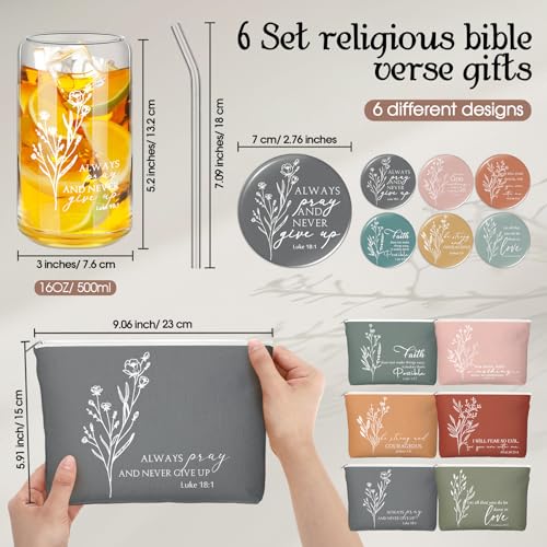 Fumete 6 Set Christian Gifts Religious Makeup Bag Bible Verse Glass Coffee Cup Mini Christian Compact Mirror Regalos Cristianos En Español for Church Sunday School Pastor Wife (Bright Colors)2