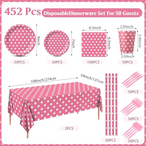 Image of Funnymoom 452 Pcs Pink Polka Dot Party Supplies for 50, Pink and White Polka Dot Paper Plates Napkins Cups Tablecloth Cutlery Straws for Mouse Birthday Carnival Family Picnic Barbecue Party Decoration
