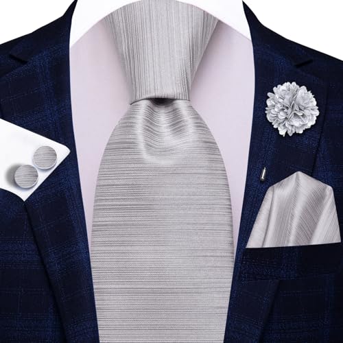 Image of Hi-Tie Men Silk Ties Set with Flower Lapel Pin Necktie Pocket Square Cufflinks for Tuxedo Wedding Business