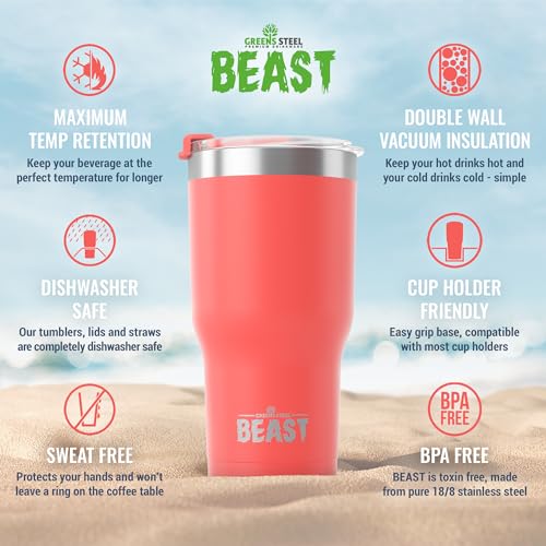 Image of BEAST 40oz Coral Tumbler - Stainless Steel Insulated Coffee Cup with Lid, 2 Straws, Brush & Gift Box by Greens Steel