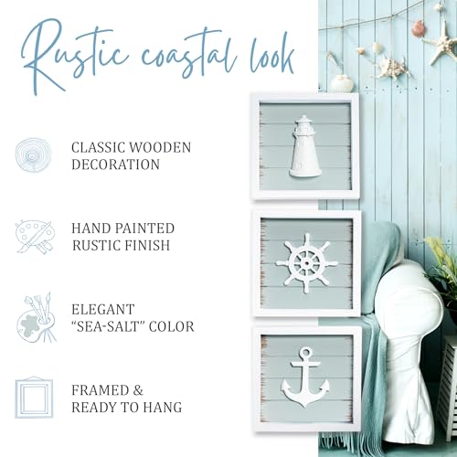 TideAndTales 3D Nautical Wall Decor (7"x7"), Coastal Theme Home Decorations with Anchor, Lighthouse and Ship Wheel, Rustic Ocean Inspired Bathroom Decor - Nautical Gifts - Framed Set of 3 - Image 3