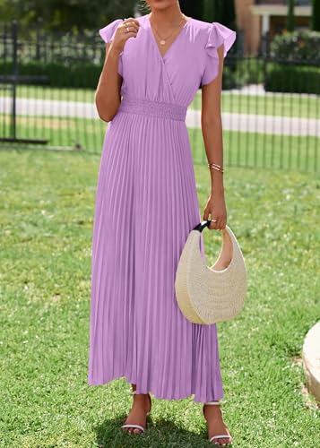 Image of KIRUNDO Women's Summer Maxi Dresses Elegant V Neck Ruffle Flutter Sleeves Empire Waist Pleated Flowy Wedding Guest Dress