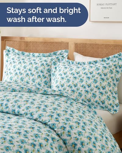 Image of Duvet Cover Twin /TXL Size Set - Extra Soft Floral Duvet Cover 68 x 90 with 1 Pillow Sham - Comfy, Cozy Breathable Floral Bedding Set - Hotel Luxury & Fade Free w / Zipper Closures & Ties - Blue Peony