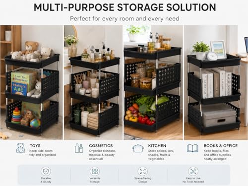 Image of KITCHIVO Multipurpose Storage Rack Organizer with Stainless Steel Pipes | Heavy Duty Plastic Shelf Stand for Kitchen, Bathroom, Laundry & Pantry (Black, 3 Layer)