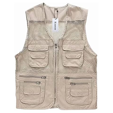 Rizanee Unisex Mesh Breathable Fishing Vest, Multi-Pockets Photography Travel Hiking Waistcoat Jacket (Beige, US XL - TAG 3XL) Cover