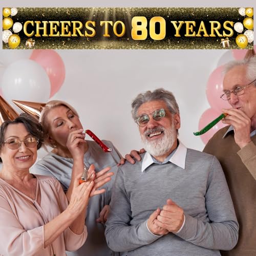 Image of TZSS Black & Gold 80th Birthday Banner Decorations - Extra Large Reusable Yard Sign for Men & Women, 80th Celebration Party Decor Indoor Outdoor, Platinum Jubilee Happy 80th