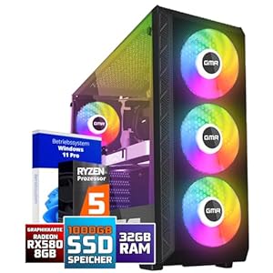 GMR Power Gaming PC – Ryzen 5 für Gamer | 3 Jahre Garantie | 32 GB RAM | 1000GB SSD | RX 580 Radeon | USB 3 | Windows 11 Prof | WiFi & Bluetooth