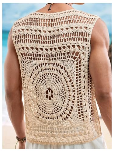 Men's Crochet Sweater Tank Tops Hollow Out Sleeveless Summer Vests Beach Vacation Clothes3