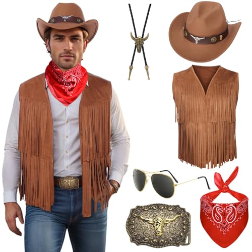 GEMAKA Disfraz Vaquera Hombre, Disfraz Cowboy Adulto Chaleco de Vaquero Hippie con Sombrero Bufanda para Carnaval (Estilo 3, X-Large)
