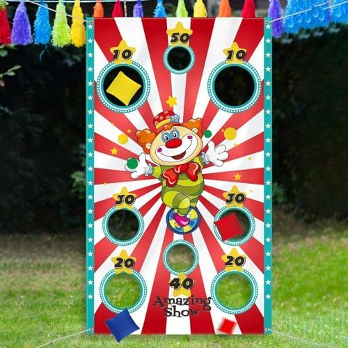 WUERKIYA Banner de jogo de lançamento de palhaço de carnaval com 3 sacos de feijão - decoração e atividades de festa de circo para adultos - ideal para festivais (140 * 80 cm)