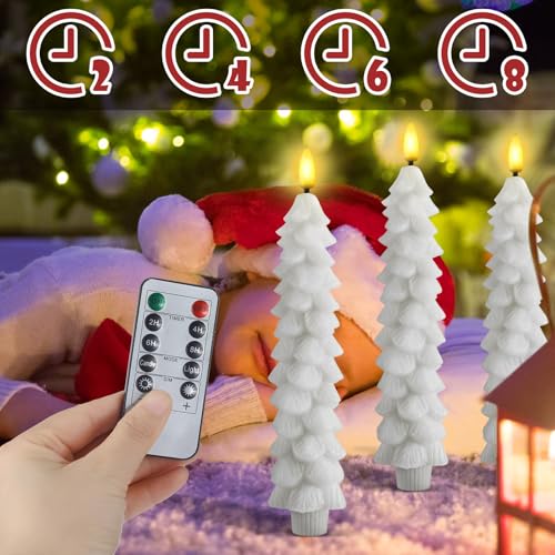 Image of Funtery 6 Pcs LED Christmas Tree Flameless Taper Candles Real Wax Battery Operated Candlestick Lights with 3D Flame and Remote Timer Window Fireplace(White,Christmas Tree)