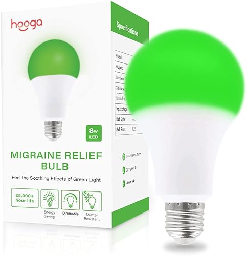 hooga Bombilla LED verde para aliviar la migraña, bombilla de terapia de luz, banda estrecha de 520 nm, 8 W, base E26. Regulable. Alivia el dolor de