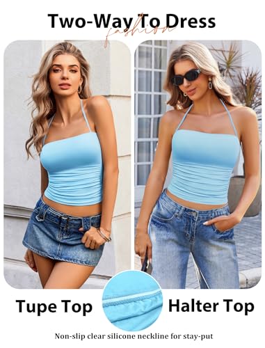 Image of Avidlove Halter Tops for Women Going Out Double Lined Sexy Crop Tank Top Ruched Slim Fit Cami Y2K Outfits Womens Summer Tops