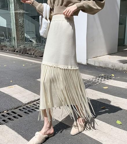 chouyatou Women's Winter Thick Knit Skirt Fringe Hem Package Hip Elastic Waist Knitted Midi Long Skirt3