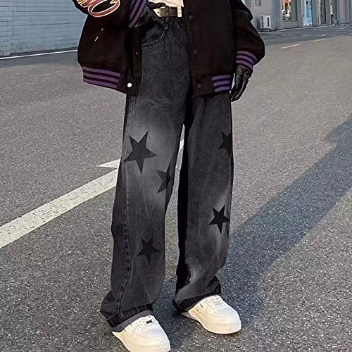 Womens Girls Boyfriends Jeans High Waist Baggy Denim Pants Straight Wide Leg Jeans Stars Print Y2K Trousers Streetwear2