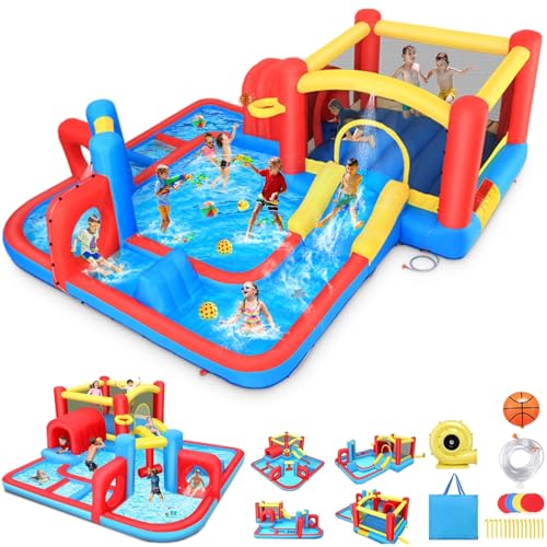 Inflatable Water Slide Bounce House, 14.3x14.3FT Maze Waterpark Obstacle Course w/Jump Area, Splash Pool, Obstacle, Slide, Punching Bag, Basketball Hoop & Tunnel for Kids Backyard Indoor Outdoor