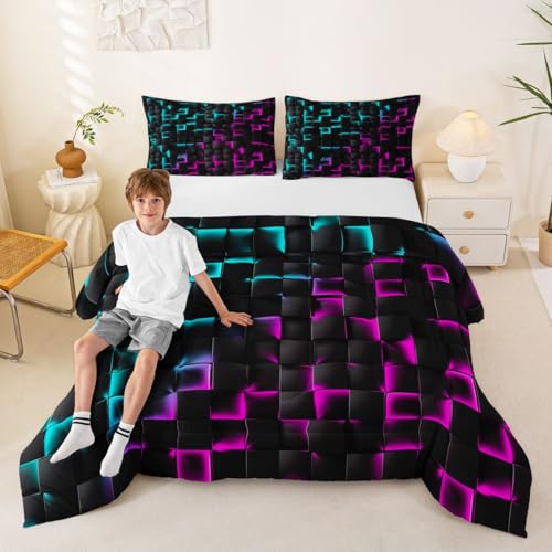 Image of Erosebridal Geometric Checkered Comforter Set Full Neon Teal Purple Bedding Set for Kids Boys Teen Men Gamer Room Decor,Abstract Ombre Plaid Comforter Grids Quilt Duvet Black